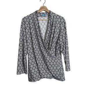 J. McLaughlin Catalina Cloth Faux-Wrap Blouse Black White Gray Geometric XL